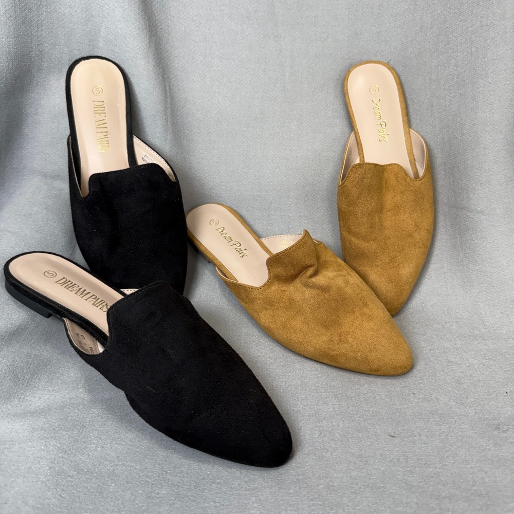 2 Dream Pairs Mules W 5 Black Tan Suede Pointed Toe Flat Slip On Shoe Fall